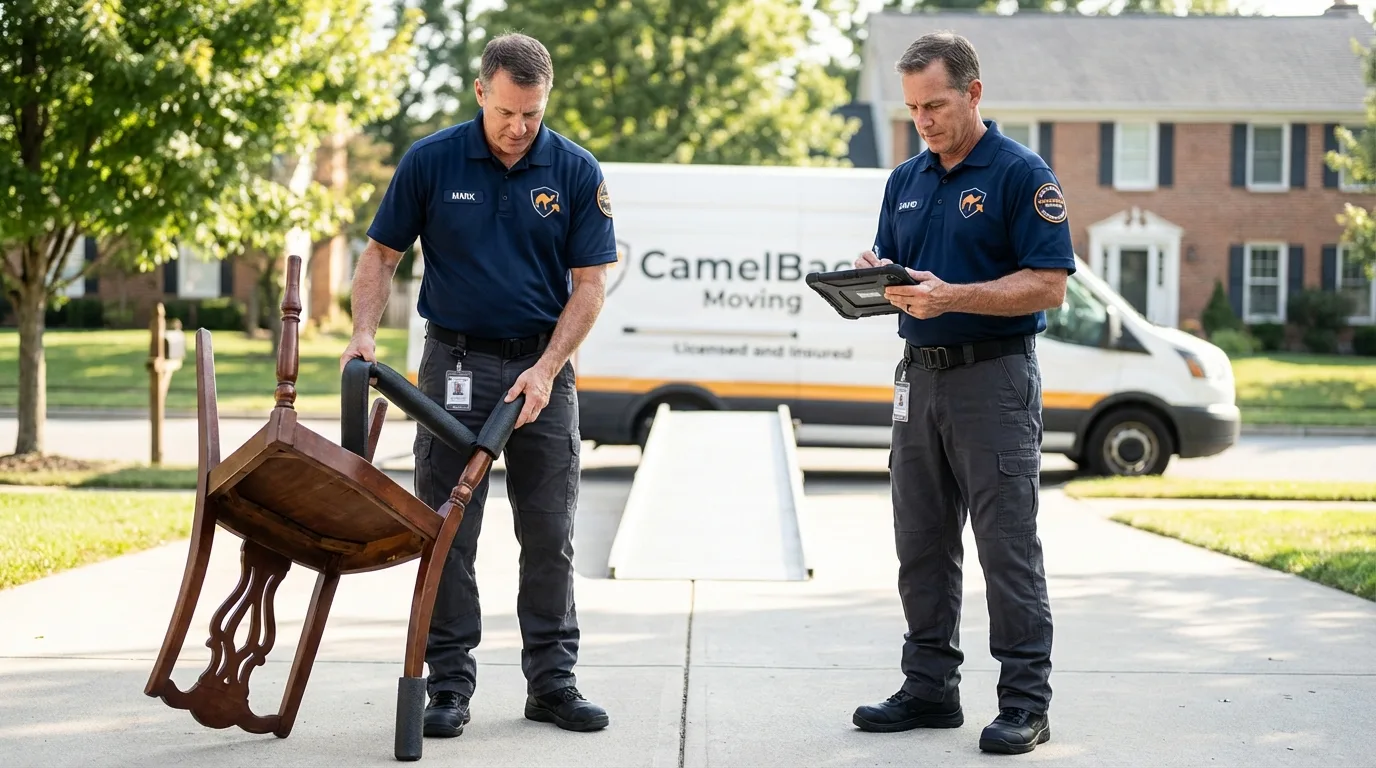 Movers inspecting furniture for damage prevention before loading in Summersville, WV